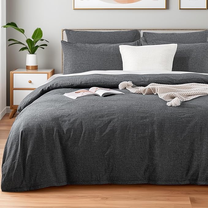 NEXHOME PRO Duvet Cover King 100% Washed Cotton, Heathered Black Breathable, Durable, Textured, Linen Like, Home Bedding Set 104"x90"