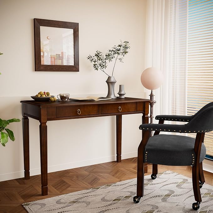 Vintage Wooden Writing Desk with 2 Drawers, Solid Computer Desk Workstation 46in Wide Study Table for Home Office, Small Secretary Table in Cherry Walnut, BSZ-D1258