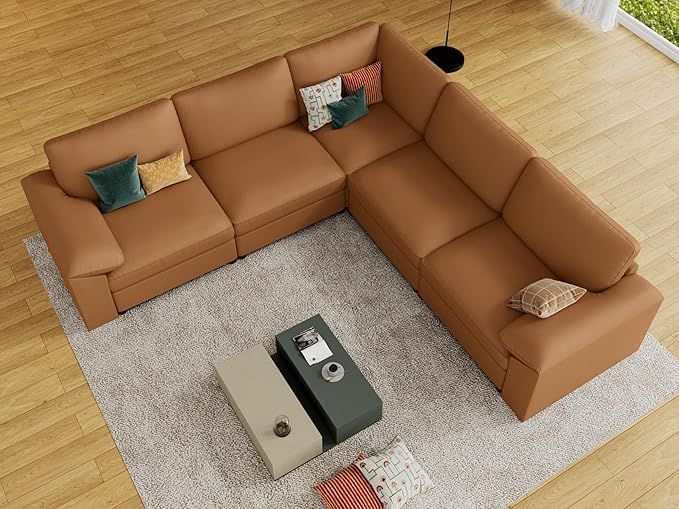 EASE MOOSE Oversized Modular Sectional Couch with Ottoman, Faux Leather Sectional Sofa with Deep Seat, Scratch Resistant Faux Leather Material, Extra Large L Shaped Couch,Brown