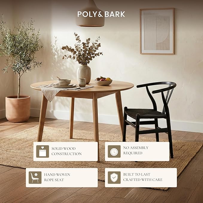 Poly & Bark Weave Dining Chairs – Mid-Century Modern Wishbone Dining Chairs with Arms, Solid Wood Frame, Indoor Use – Pitch Black – Single - Ideal for Dining Room, Kitchen or Stylish Accent Setting