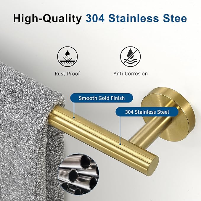 Brushed Gold Towel Bar, 18 Inch Towel Racks for Bathroom Wall Mounted, Thicken SUS304 Stainless Steel Heavy Duty Hand Towel Holder Organizer, Bathroom Accessories, Total Length 20.5 Inch