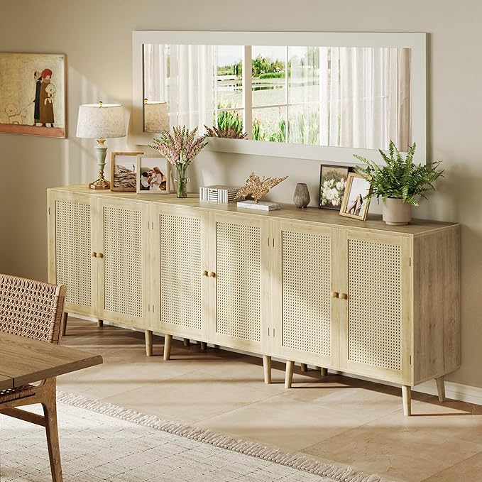 Huuger Buffet Cabinets with Storage, Set of 2, Storage Cabinets with Synthetic Rattan Doors, Accent Cabinet with Solid Wood Feet, Sideboard Cabinet for Hallway, Entry, Living Room, Natural