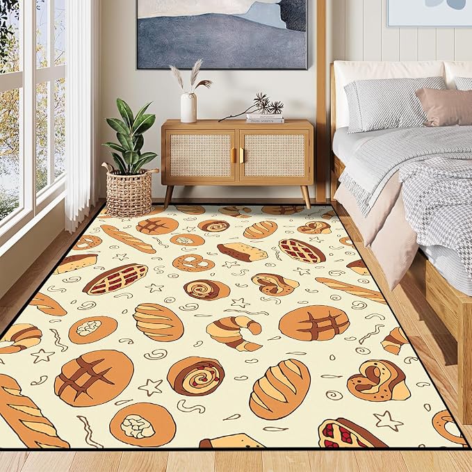 Cute Bread Area Rug 3D Cattoon Carpt Waffle Croissant and Muffin Rugs for Bedroom Living Room Kitchen Nursery Playroom Home Decor Washable Non Slip Floor Mat,5'x7'