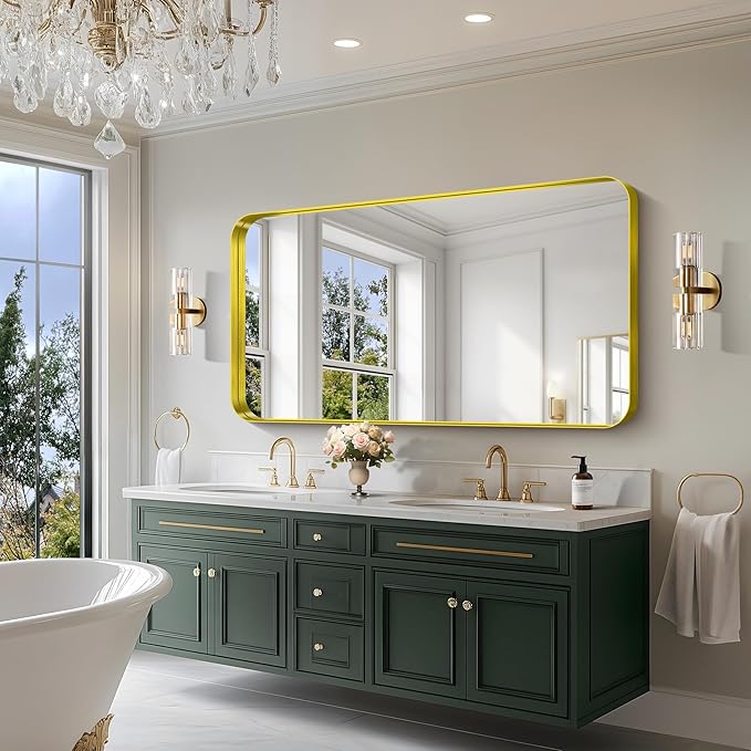 CIRCUMI Gold Bathroom Mirror, 30"x60" Rectangular Mirror with Deep Metal Frame, Rounded Corner, Tempered Glass, Large Mirror for Wall, Over 2 Sinks, Installed Vertically/Horizontally, Crystal-Clear