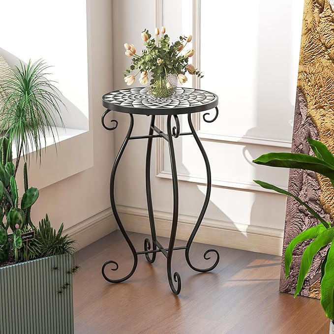 Giantex Outdoor Side Table, Mosaic Patio Table, 12 inch Accent Table Plant Stand Indoor, Ceramic Tile Top Metal Frame, Small End Table Porch Beach Patio Garden Balcony Poolside (Monochrome)