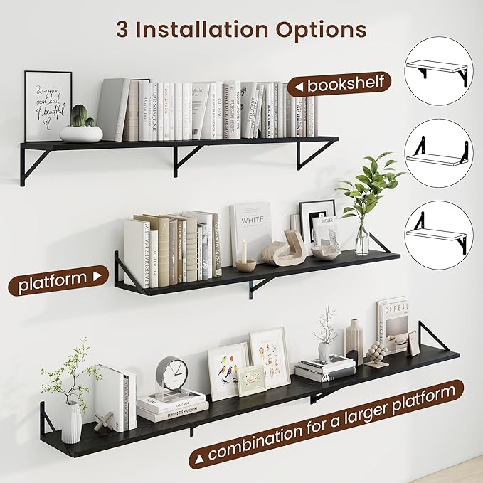 Axeman Deep Floating Shelves | 55 Inch Black Wall Shelves Set of 2 | 10 Inch Deep Wood Floating Shelves for Wall | 55" W x 10" D Black Shelves for Living Room Bathroom Kitchen