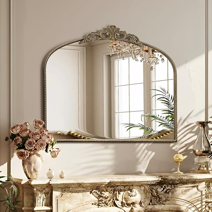 Micasso Vintage Gold Arched Mirror: 36"x29" French Baroque Antique Wall Mounted Mirror - Traditional Ornate Decorative for Wall/Fireplace/Entryway/Bathroom/Hallway - Home Decor for Living Room
