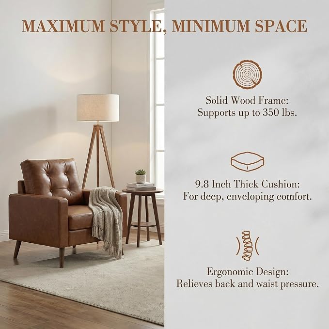HNY Mid Century Modern Armchair, Button Tufted Faux Leather Accent Chair with Armrests, Upholstered Club Chair for Living Room, Bedroom & Office, Caramel Brown