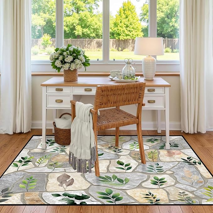 6'x9' Optical Illusion Rug 3D Stone Floor Mat Green Leaf Botanical Area Rug Rustic Nature Washable Carpet for Bedroom Living Room Kitchen Nursery Playroom Home Decor