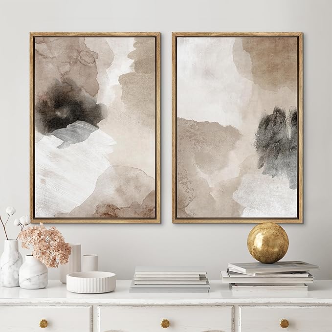 MUDECOR Framed Canvas Print Wall Art Watercolor Brown White Black Collage Abstract Shape Illustrations Modern Art Decorative Bohemian Colorful for Living Room, Bedroom, Office - 16"x24"x2 Natural
