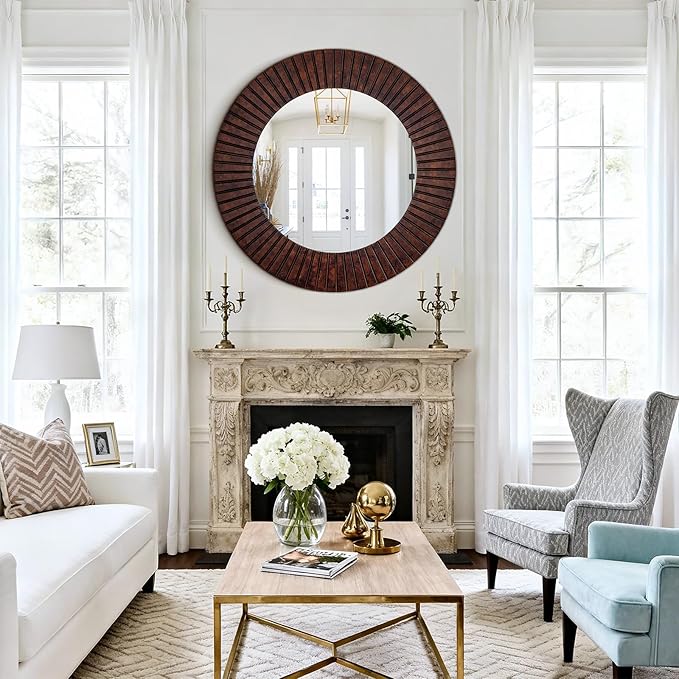 Chende 42'' Large Circle Mirror with Wood Frame, Decorative Mirror for Living Room, Farmhouse Bathroom Mirrors with Bronze Groove Finish for Entryway, Bedroom