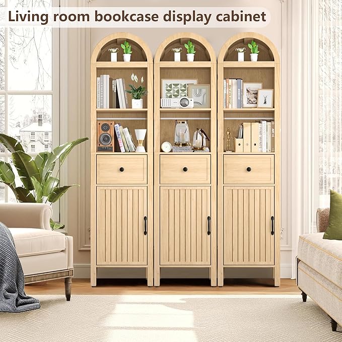 64" Tall Bathroom Storage Cabinet with Adjustable Shelves,Tall Narrow Arched Freestanding Tower Cabinet with Fluted Doors and Drawers,Space Saving Organizer for Bathroom Living Room (Oak)