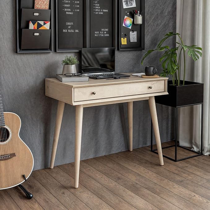 Camaflexi Mid-Century Modern Writing Desk / 35.83" W/Study Writing Table/Solid and Manufactured Wood/Natural Variations of Wood Grains/One Drawer/Partial Assembly, Light Oak