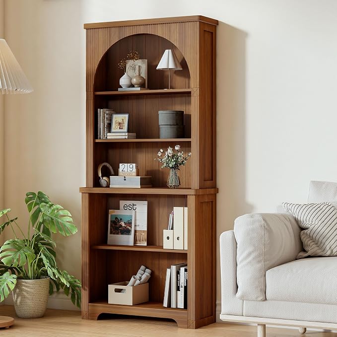 Janmer Home 71'' Tall Arched Bookshelf, Mid Century Modern Curved Bookcase with 5-Tier Storage Shelves, Freestanding Open Display Shelf for Home Office, Living Room (Walnut, 71inch-1PC)
