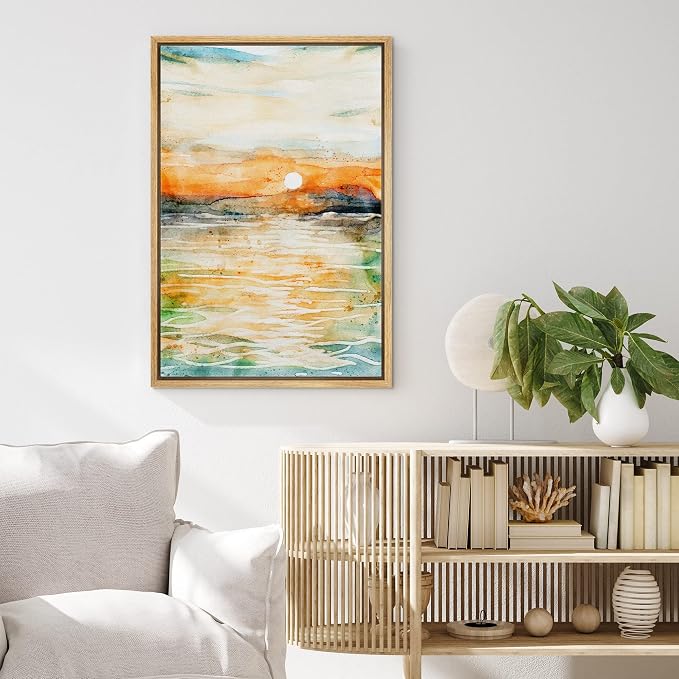 MUDECOR Framed Canvas Print Wall Art Watercolor Explosion Sunset Ocean Abstract Shapes Illustrations Modern Decorative Multicolor Relax/Calm for Living Room, Bedroom, Office - 24"x36" Natural