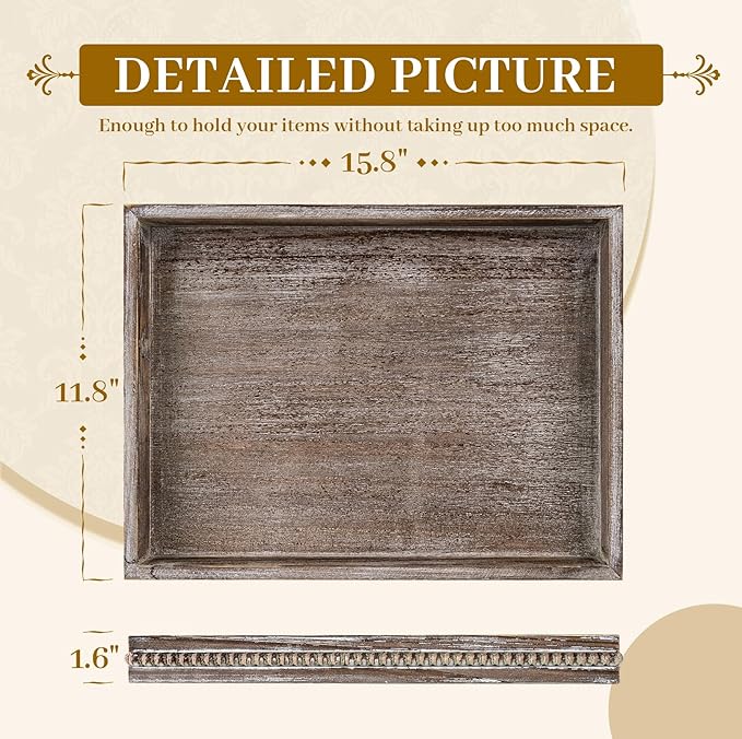 MAONAME Wood Serving Tray, Farmhouse Wooden Tray for Coffee Table, Rustic Rectangle Trays with Beads, Vintage Brown Decorative Trays for Living Room, Kitchen, 15.7" X 11.8" X 1.57"