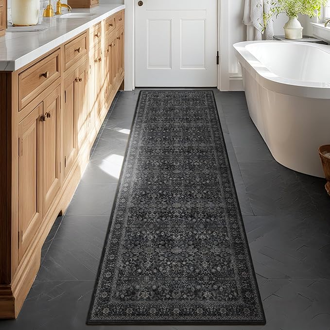 Dark 3x8 Hallway Runner Rug, Entryway Kitchen Runners Non Skid Washable 8 ft, Non Slip Ultra Thin Carpet Runner for Corridor Mudroom Foyer Bathroom Bedroom, Vintage Farmhouse Midnight