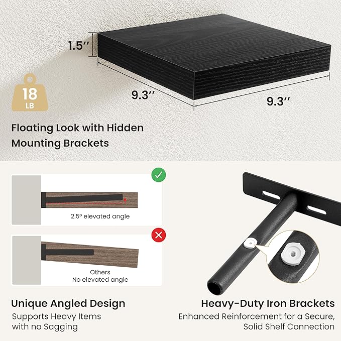 Fun Memories Floating Shelves for Wall, Rustic Wood Wall Mounted Shelves for Bathroom, Bedroom, Living Room & Kitchen, Storage Display Shelves, (Set of 4, Black, 9.3 in)