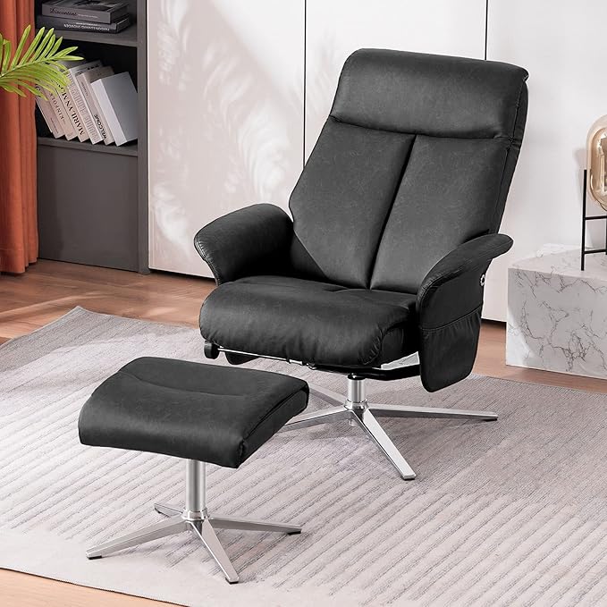 MCombo Swivel Recliner with Ottoman, Modern Heavy-Duty Aluminum Base, Faux Leather Lounge Chair for Small Space, Living Room, or Office 4603 (Dark Grey)
