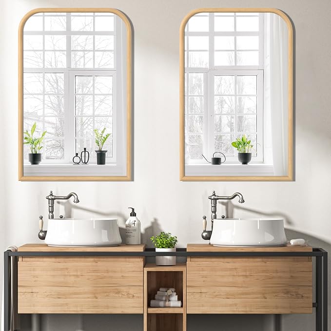 24"x36" Arch Wall Mirror for Wall, Wall Mounted Vanity Mirror for Bedroom, Wood Grain Finish Frame Mirror with Tempered Glass, Vintage Decorative for Bathroom, Entryway, Living Room, Natural
