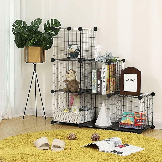 Wire Cube Storage Organizer, Metal Storage Shelves Bookshelf, Stackable Modular Closet Organizer for Bedroom Living Room, Office,Storage Shelves（6-Cube，Black）