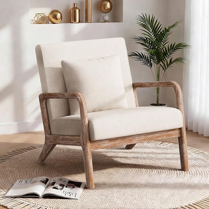 Mid Century Accent Chair with Solid Wood Frame Set of 2, Upholstered Lumbar Pillow Lounge Chair Beige Linen Fabric Cozy Leisure Chair Relaxing Retro Living Room Chair for Bedroom Waiting Room