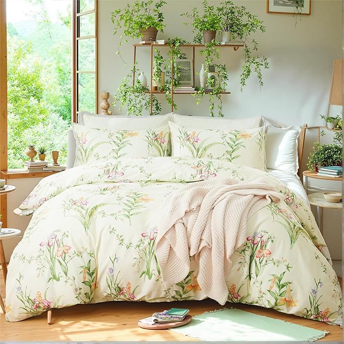 Duvet Cover King Size 100% Cotton Reversible Green Leaves Duvet Cover Set with Zipper Closure, 3 Pieces Vintage Flower Floral Bedding Comforter Cover, Ultra Soft & Breathable