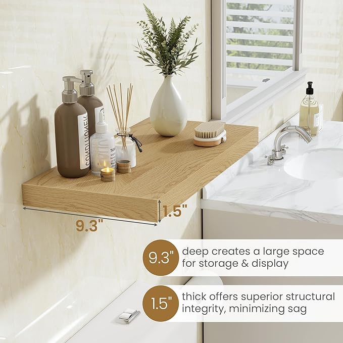 24"W x 9.3"D Floating Shelves for Wall, Wall Mounted Bathroom Shelves 2 Pack Deep Floating Shelf for Bedroom Kitchen Living Room, Rustic Wooden Wall Shelf with Invisible Bracket for Books Decor