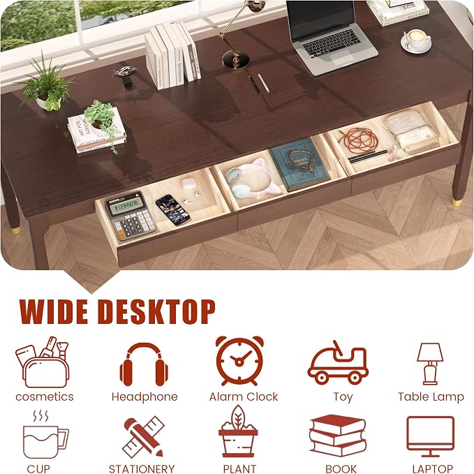 70.9” Long Solid Wood Desk with Drawers - Mid Century Modern Office Desks, Executive Computer Desk for Two People, 2 Person Desk|Gaming Writing Study Table for 2 Monitors-Dark Walnut
