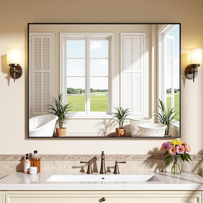 Bathroom Mirrors for Over Sink 40" x 30", Black Metal Frame Rectangle Wall Mirror, Modern Farmhouse Vanity Mirror(Horizontal/Vertical)