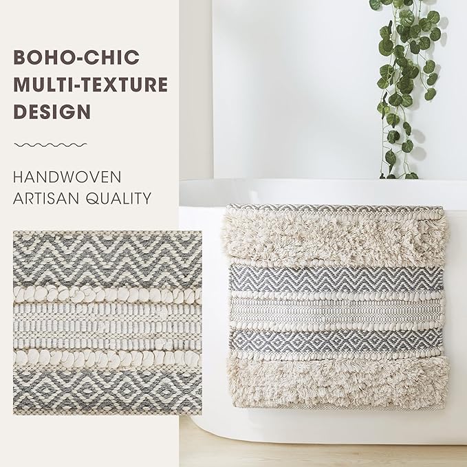 Ink+Ivy Bath Rug Hand-Woven Texture Shaggy Striped Soft & Water Absorbent, Boho Bathroom Décor Bath-Mats, Non-Slip Absorbent Quick Dry Mats for Tub, Shower Room, Asher, 20x32 Grey