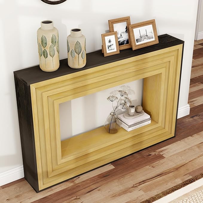 Wood Console Table, 47.24" Retro Long Boho Sofa Table Behind Couch with Layered Wood Frame and Black Top, Wooden Narrow Sofa Table Hall Table for Living Room Foyer Entrance Entryway, Natural