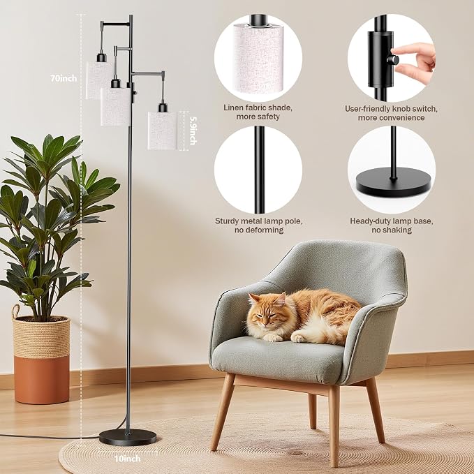SIBRILLE Dimmable Floor Lamp, Tall Standing Lamp with Linen Shade, Industrial Tree Floor Lamps for Living Room Bedroom Office, 3 x 1000LM LED Bulbs Included