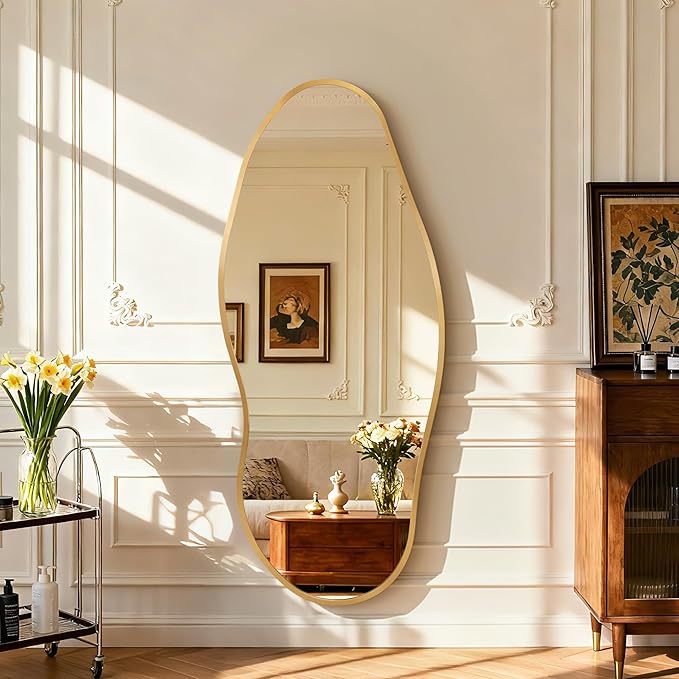 Mirror Full Length - Irregular Full Body Wall Mirror Hanging 55"x 23" Asymmetrical Aviation Aluminum Alloy Frame Unique for Bedroom, Living Room, Cloakroom, Entryway