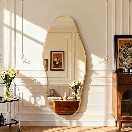 Mirror Full Length - Irregular Full Body Wall Mirror Hanging 55"x 23" Asymmetrical Aviation Aluminum Alloy Frame Unique for Bedroom, Living Room, Cloakroom, Entryway