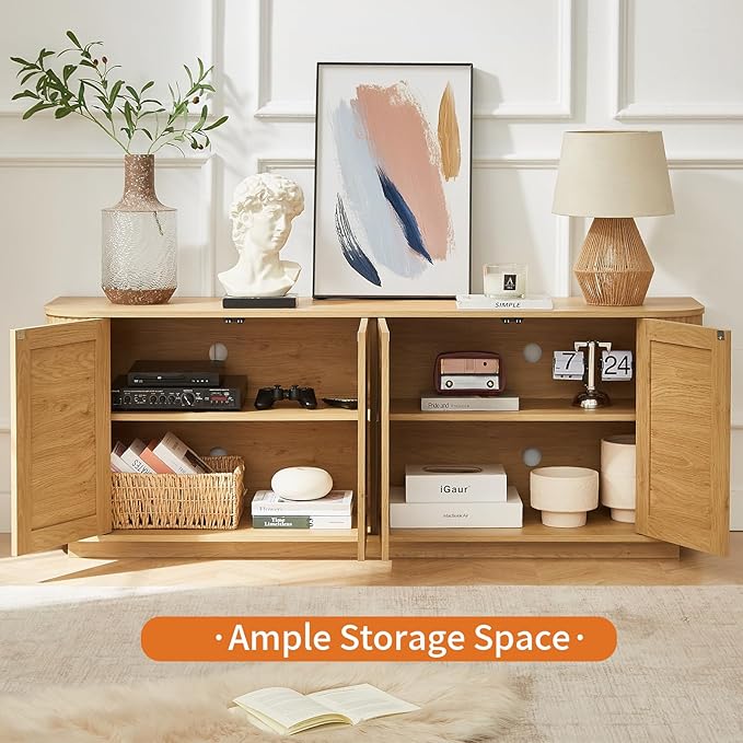 LKTART 64" Sideboard Buffet Cabinet with Storage, Wooden Fluted Storage Cabinet Sideboard with Adjustable Shelves Pressed Spring Rattan Doors for Kitchen Living Room (Natural)