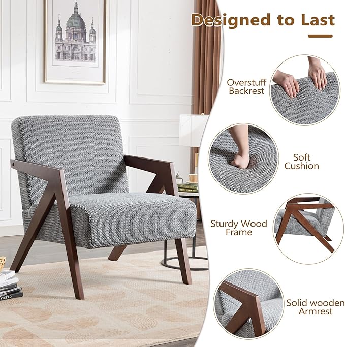 Bonzy Home Mid-Century Modern Accent Chair Set of 2 with Wood Frame, Upholstered Armchair for Bedroom & Living Room, Linen Fabric Cushion, Z-Shaped Armrest Design, Sturdy Lounge Chair