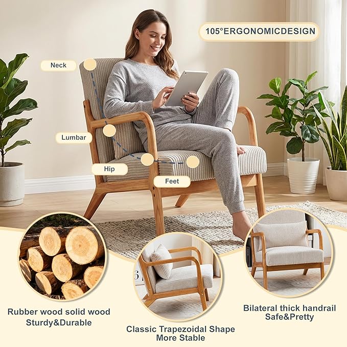 HjaustevyAccent Chairs, Mid Century Modern Chair with Pillow, Arm Chair with Solid Wood, Reading Relaxing Leisure Chair for Living Room, Waiting Room, Beige