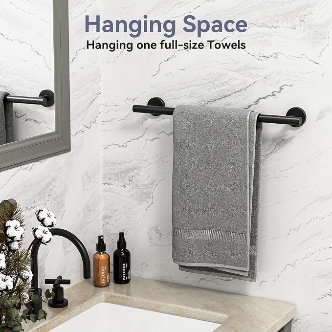 Matte Black Towel Bar, 18 Inch Bathroom Towel Rack, Towel Holder Wall Mounted, Thicken SUS304 Stainless Steel Towel Rod Modern Home Decor (Total Length 20-Inch)