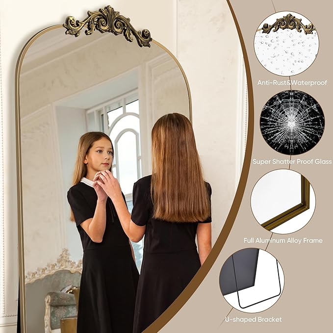 Antok Arched Full Length Mirror, 81"x41" Floor Mirror with Carved, Full Body Mirrors for HomeDecor, Standing/Halling Large Wall Mirror for Bedroom, Living Room, Cloakroom, Bronze, Retro Style
