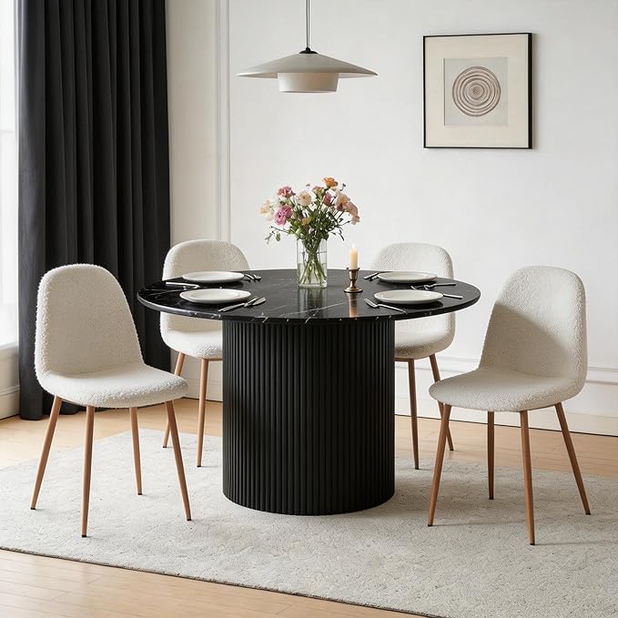 Dining Table Set for 4, Mid Century Modern 47 Inch Black Marble-Look Wooden Round Dining Table Set, Space Saving (Table + 4 White Chairs)