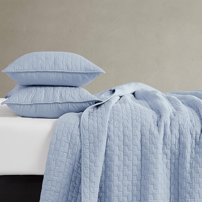 PALASSIO Baby Blue 100% Cotton Quilt Queen Size Bedding Sets with 2 Pillow Shams, Textured Lightweight Soft Bedspread Shabby Chic Coverlet, Neutral Quilted Comforter Bed Cover for All Season, 3 Pieces