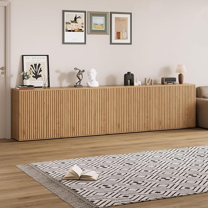 Rophefx Fluted Sideboard Cabinet, 126" Buffet Cabinet with Storage, Credenza Storage Cabinets with Adjustable Shelf, Wood Entryway Cabinets with Pop-up Doors for Living Room, Entryway, Hallway, Oak