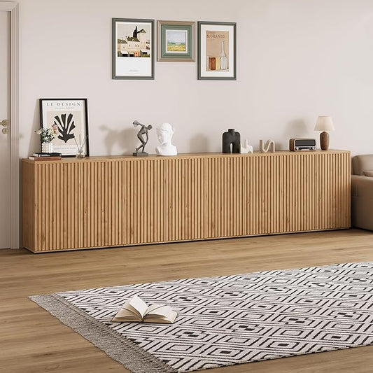 Rophefx Fluted Sideboard Cabinet, 126" Buffet Cabinet with Storage, Credenza Storage Cabinets with Adjustable Shelf, Wood Entryway Cabinets with Pop-up Doors for Living Room, Entryway, Hallway, Oak