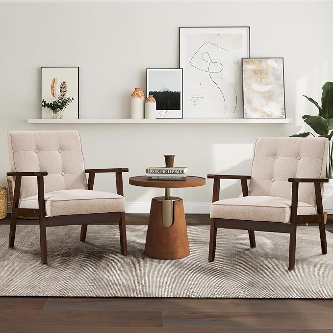 IOMOR Accent Chair Mid Century Modern Chair for Living Room, Comfy Fabric Armchair with Solid Wood Frame Soft Thick Padded, Side Chairs Easy Assembly (2, Fabric Beige)