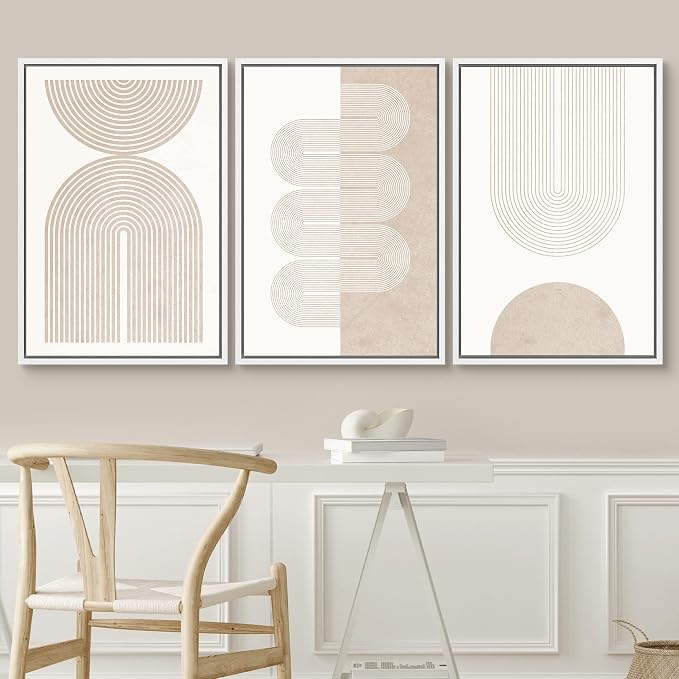 SIGNWIN Framed Canvas Print Wall Art Set Geometric Duotone Tan Spiral Waves Shapes Abstract Illustrations Modern Art Decorative Nordic Calm/Zen for Living Room, Bedroom, Office - 24"x36"x3 White