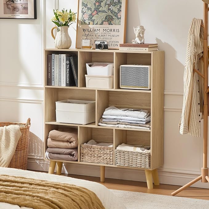 LEYAOYAO 8 Cube Bookshelf,3 Tier Bookcase with Legs,Light Wood Mid-Century Modern Bookshelves,Large Open Storage Organizer Shelf, Wooden Book Case