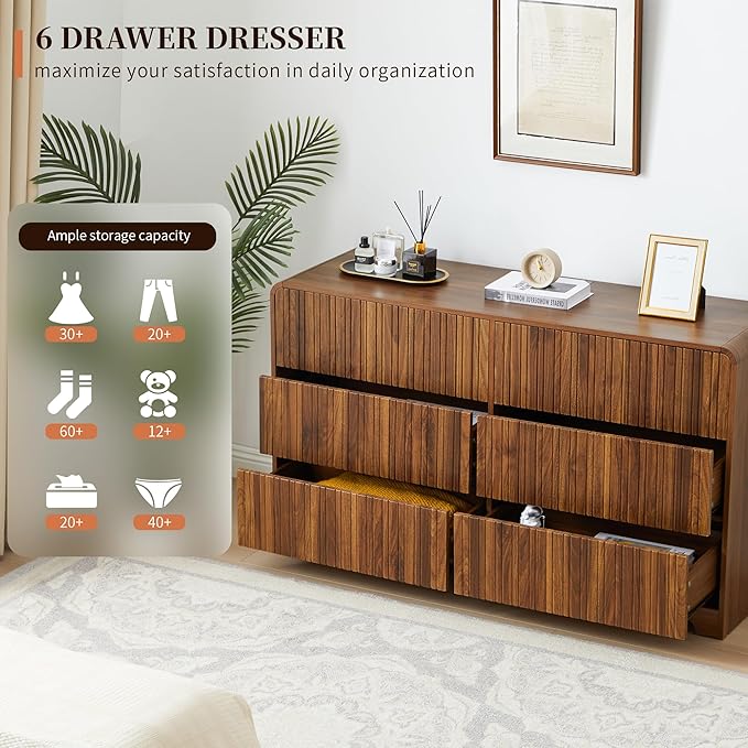 BERRYMERRY Fluted 6 Drawers Dresser for Bedroom, 53" Wide Chest of Drawer with Rounded Edge,Mid Century Modern Large Double Wood Dresser for Living Room Bedroom
