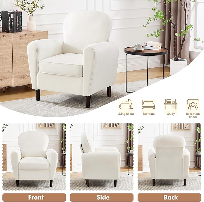 Accent Chair, Mid Century Modern Arm Chair with Thick Cushion and Back, Comfy Upholstered Reading Chair Single Sofa Chair for Living Room, Bedroom, Club, Beige