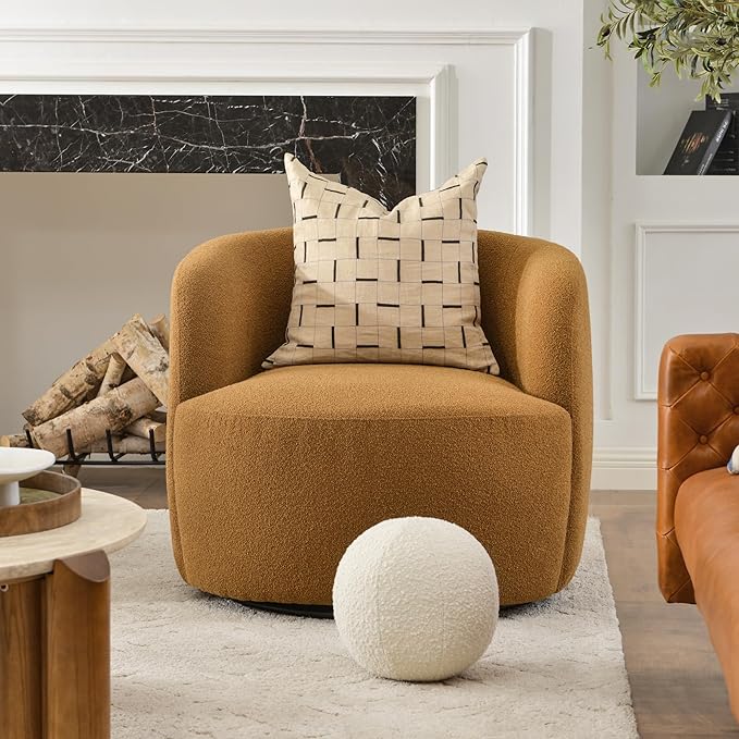 KINWELL 34" Wide Boucle Swivel Barrel Chair, No Assembly Round Upholstered Armchair Accent Chair Single Sofa Chair with Toss Pillow for Living Room and Bedroom, Brown